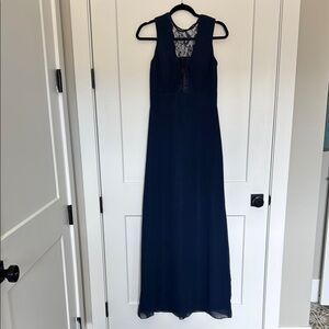 Elegant Navy Blue Lace bodice, low back Maxi Dress. Size 4